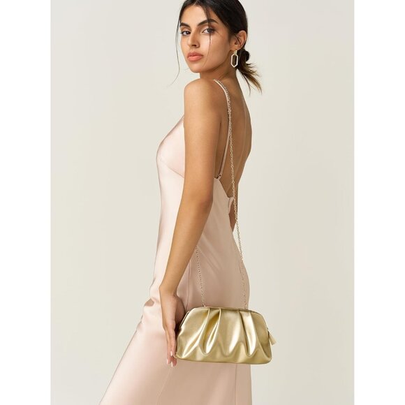 ⚡Women's Soft Pleated Vegan Leather Zipper Closure Evening Gold Clutch Bag - Picture 3 of 6